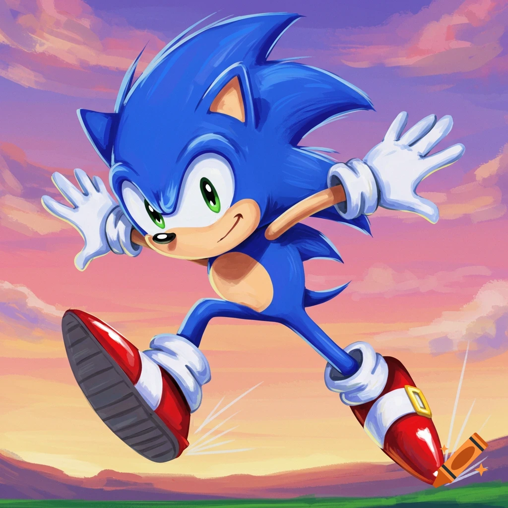 Blue cartoon hedgehog Sonic running with a vibrant sky background in an illustrative style.