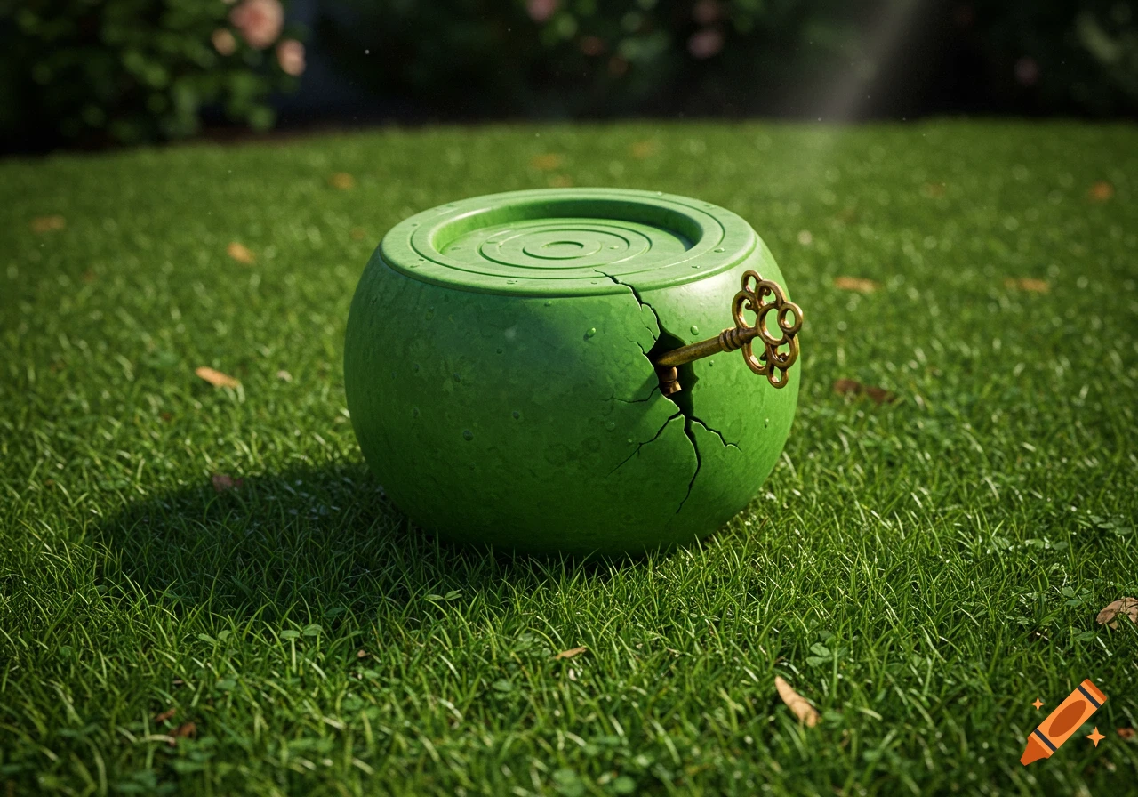 A photorealistic image of a green sphere resembling a lawn bowl, cracked open with a golden key stuck inside, sitting on a sunlit grassy lawn.