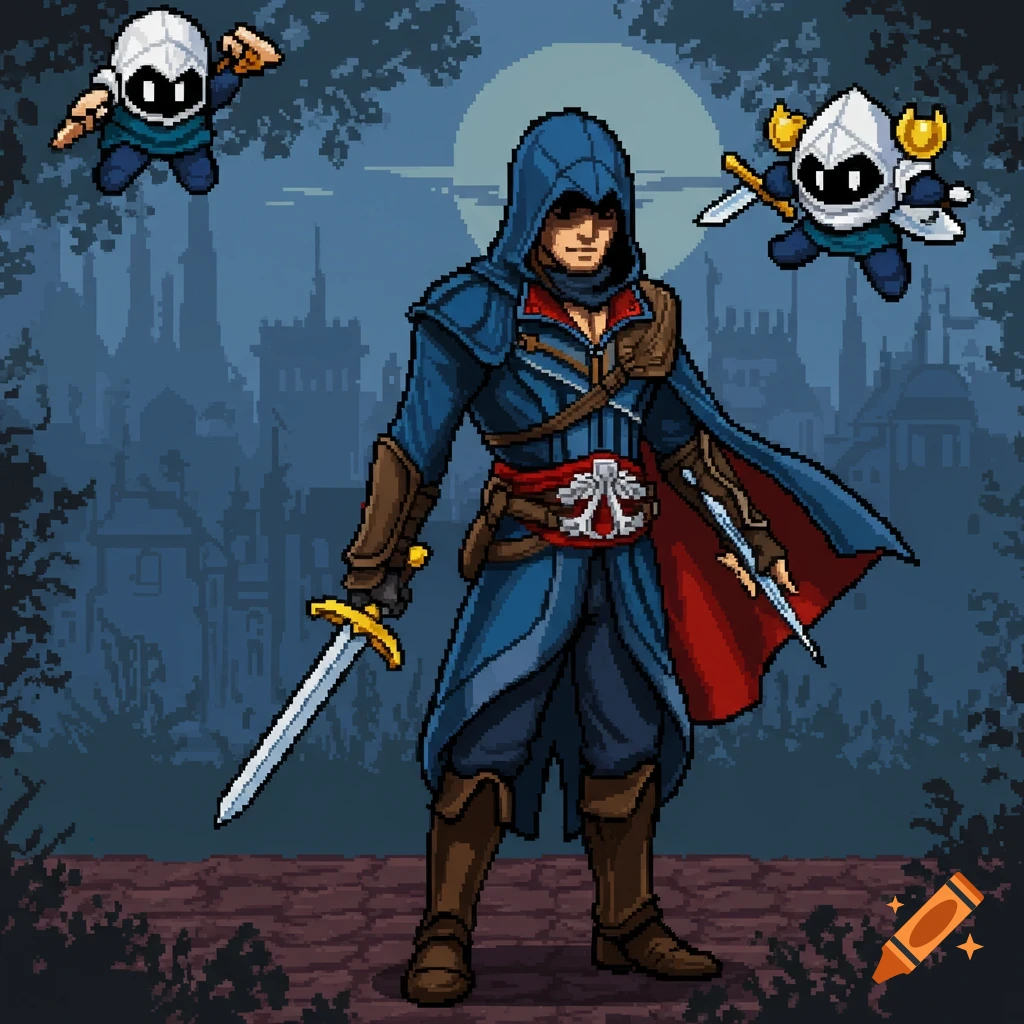 Pixel art character resembling an assassin in a blue hooded cloak, holding a sword and dagger, standing against a dark fantasy castle background under a full moon. Two small white hooded figures float above.