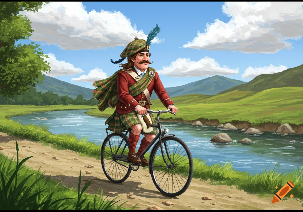 Illustrated image of a Jacobite highlander with a mustache, riding a vintage bicycle on a dirt path beside a river with mountains in the background.