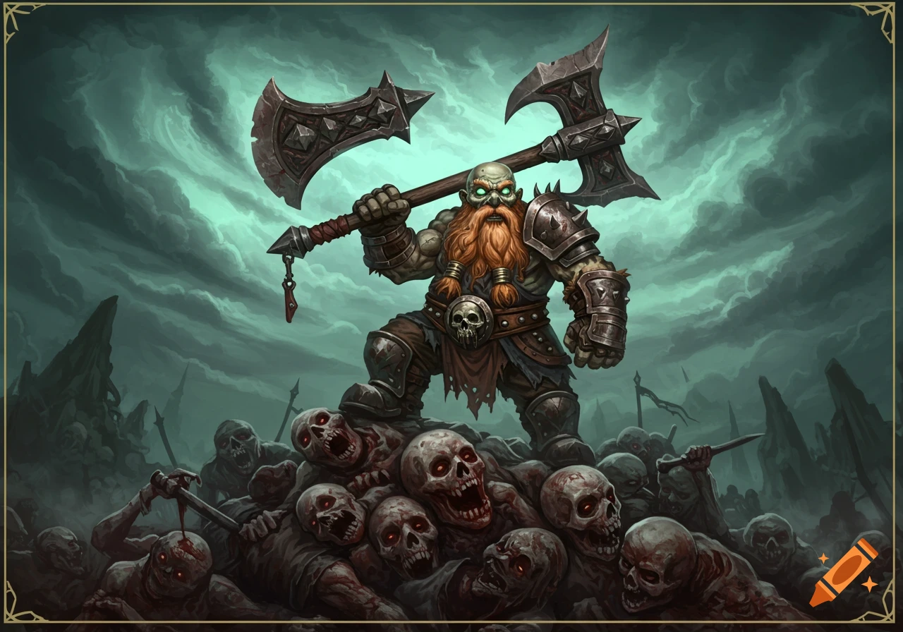 An undead dwarf barbarian with a red beard, wielding a large greataxe, stands triumphantly on a mound of zombie corpses under a stormy sky in a fantasy art style.