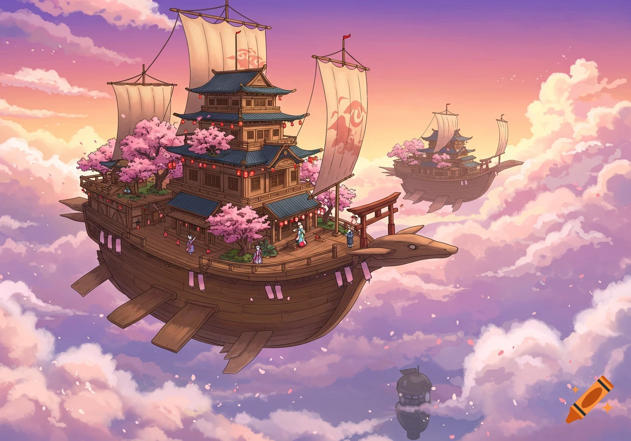 An anime-style flying Japanese ship with a pagoda and cherry blossoms sails through a pink and orange sky filled with clouds.