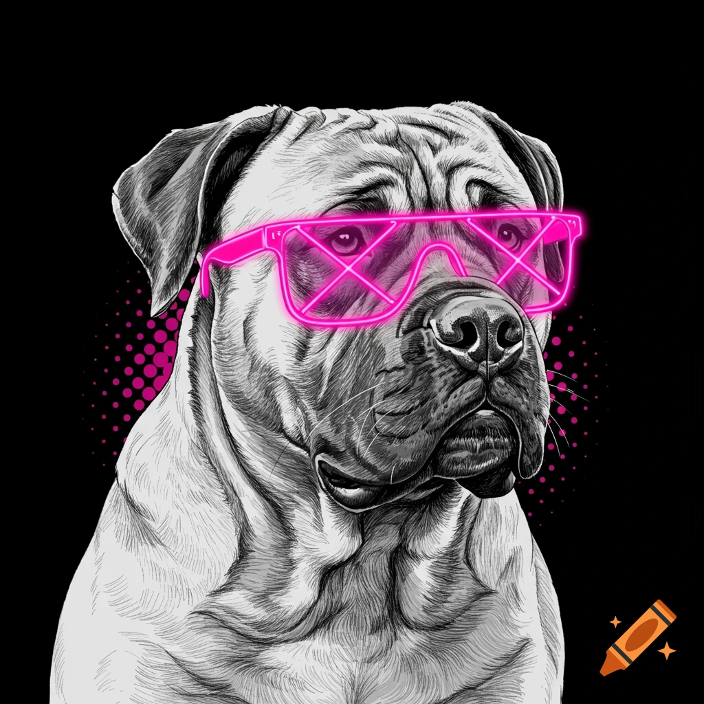 Pop art style black and white Bullmastiff dog wearing neon pink rave glasses.