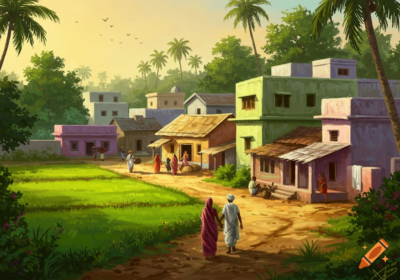 A vibrant illustration of a rural Indian village with colorful houses, palm trees, and people walking on a dirt path.