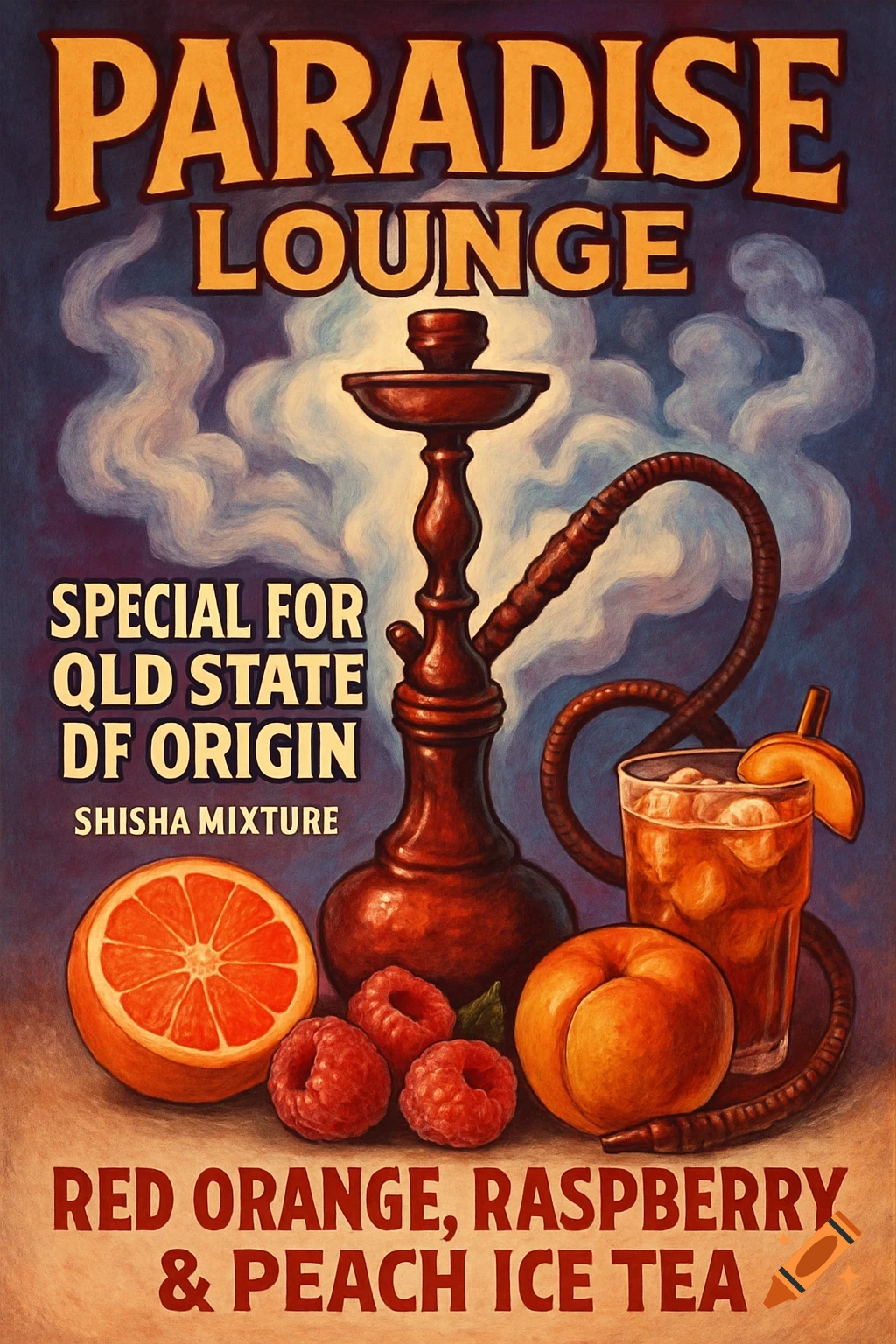 A vintage-style poster for Paradise Lounge, advertising a shisha mixture with red orange, raspberry, and peach ice tea flavors, featuring a hookah, sliced orange, raspberries, a peach, and a glass of iced tea amidst smoke.