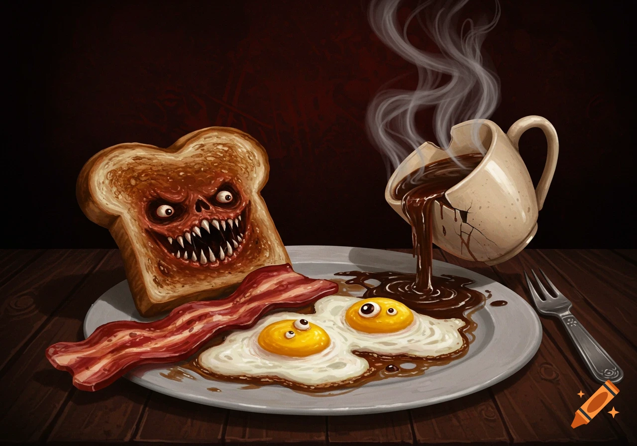 A creepy breakfast illustration featuring monster toast with sharp teeth, googly-eyed fried eggs, bacon, and a cracked mug spilling coffee.
