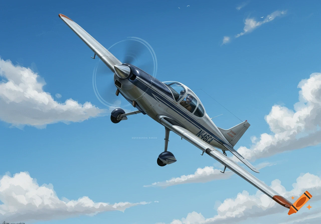 A silver and blue P35 Bonanza airplane flies across a clear blue sky with white clouds, viewed from below.