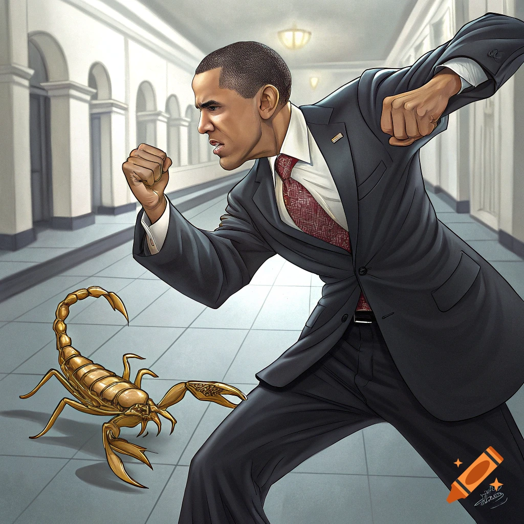 Stylized illustration of Barack Obama in a suit, fists clenched, confronting a large golden scorpion in a hallway.