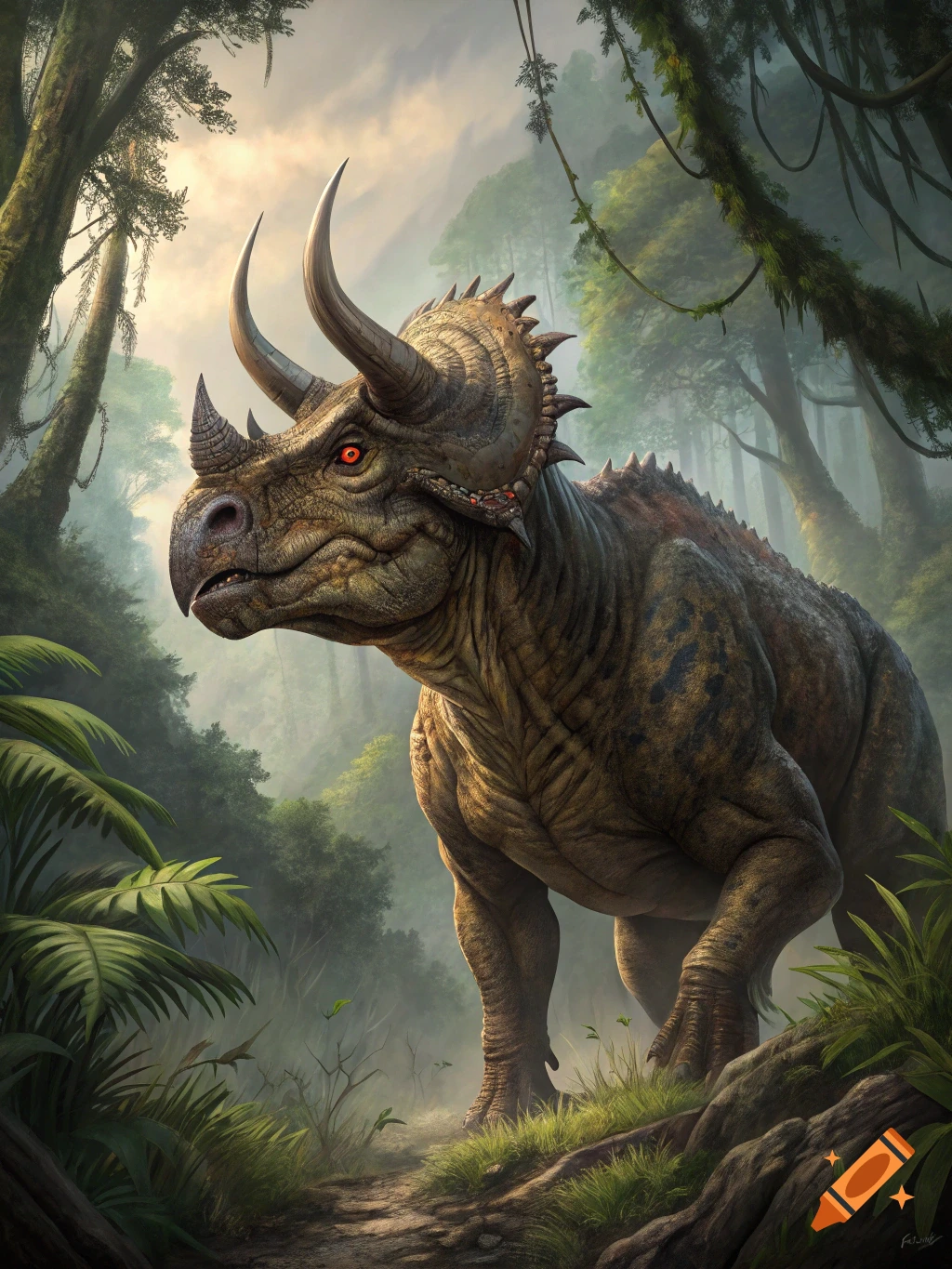 A detailed, photorealistic hybrid dinosaur with red eyes stands on a path in a misty, lush jungle.