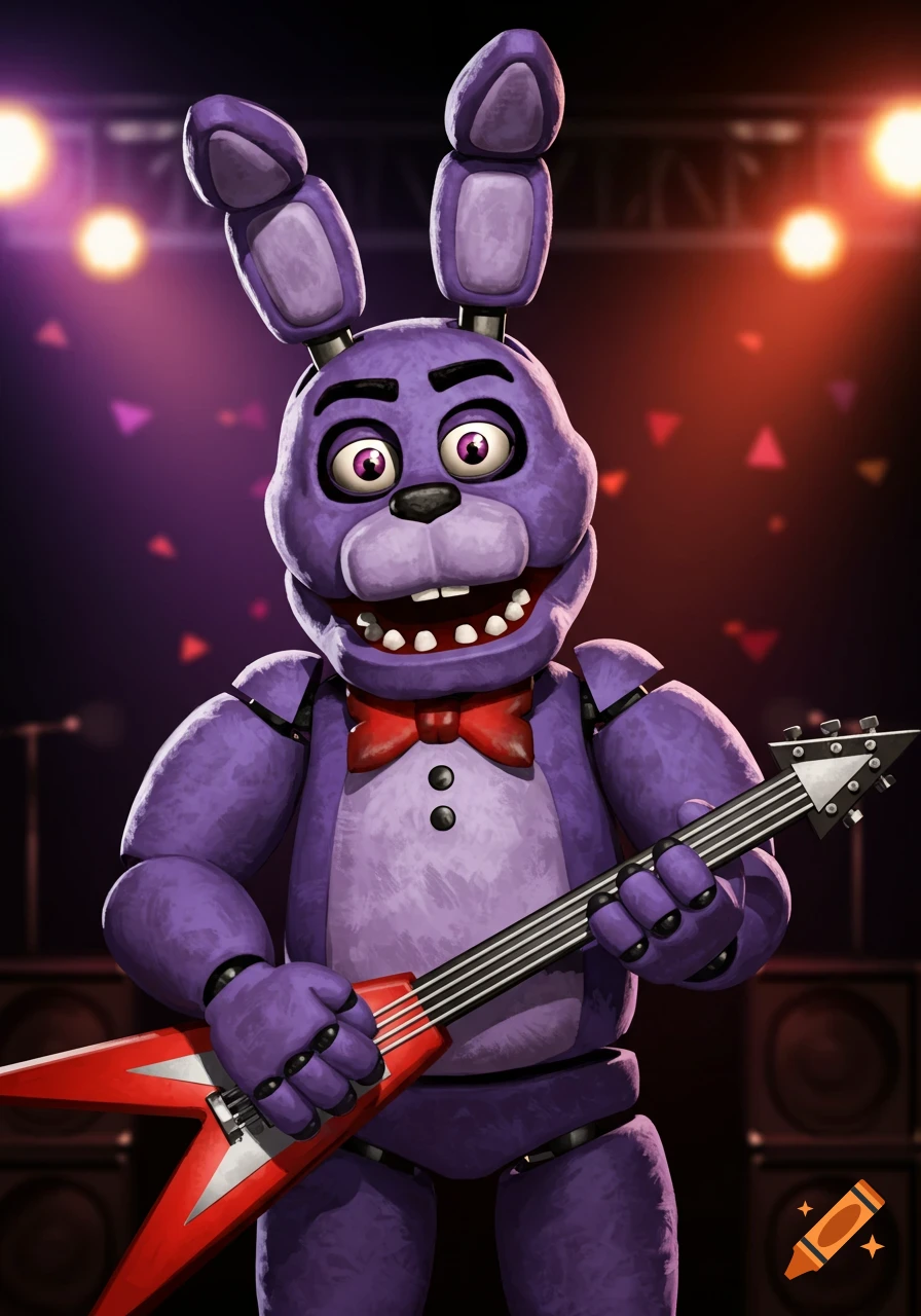 A purple animatronic rabbit, Bonnie from FNAF, playing a red electric guitar on a stage with purple and orange lights.