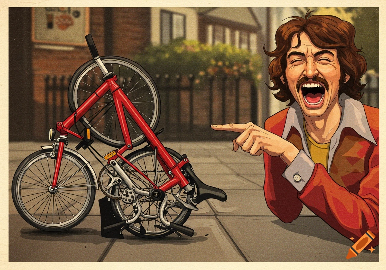 An illustration of a man with a mustache laughing loudly and pointing at a red folding bicycle lying on the ground.