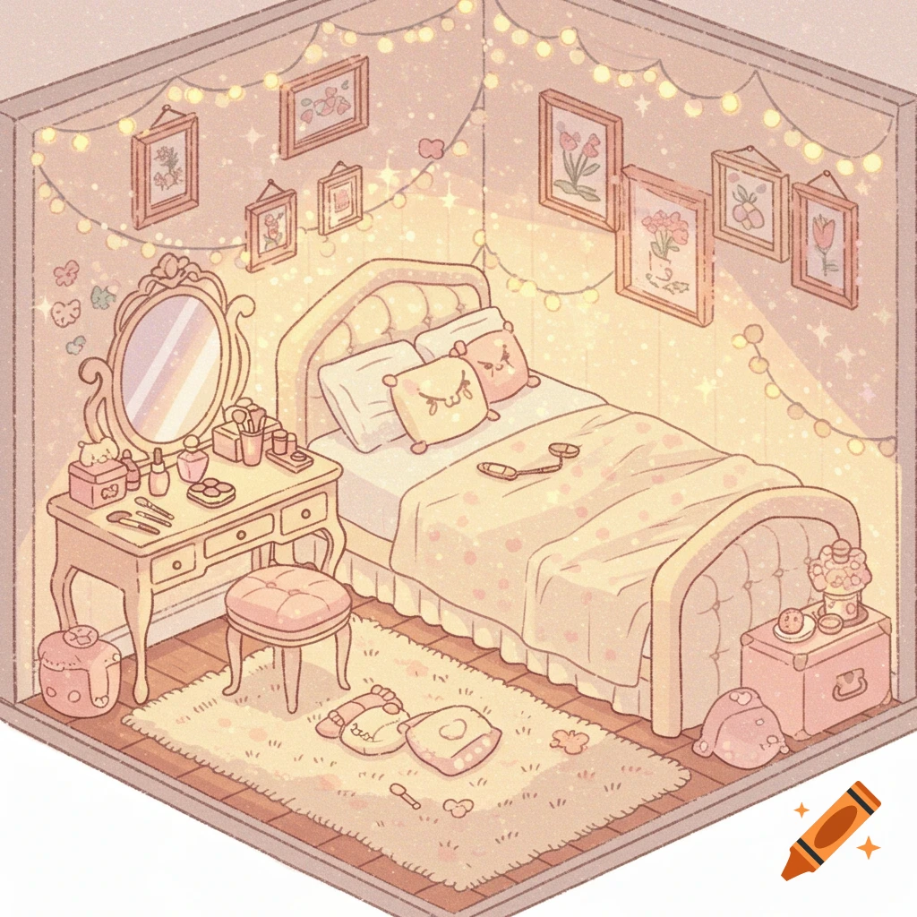 A charming, isometric view of a pastel pink and yellow coquette bedroom adorned with fairy lights, framed art, and a vanity.