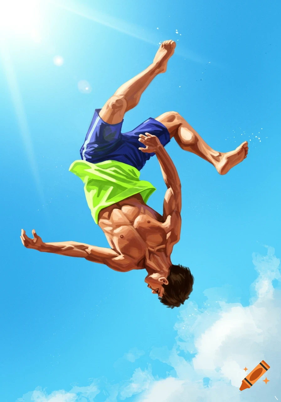 A muscular person in blue shorts and a green shirt performs a backflip against a bright blue sky with a sun flare. Digital art style.