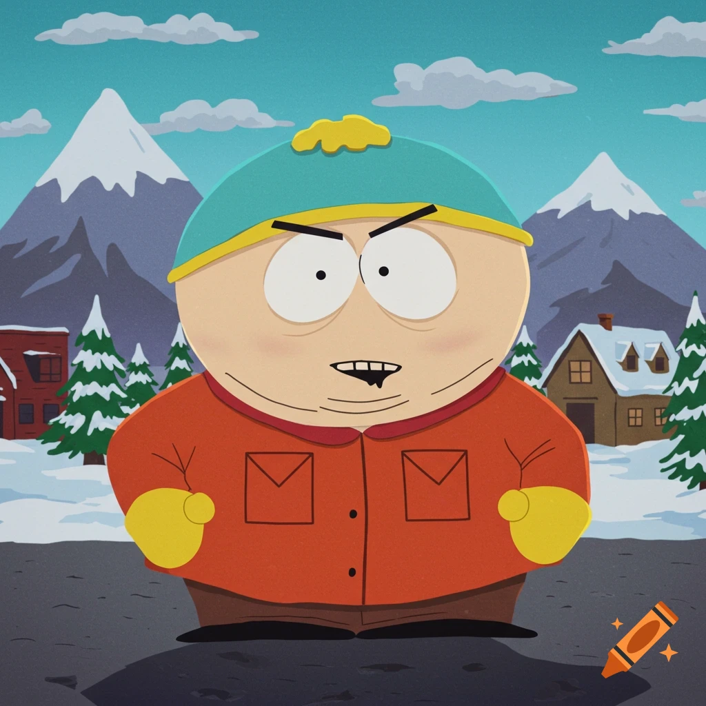 Cartoon image of Cartman from South Park, looking angry in a snowy mountain town.