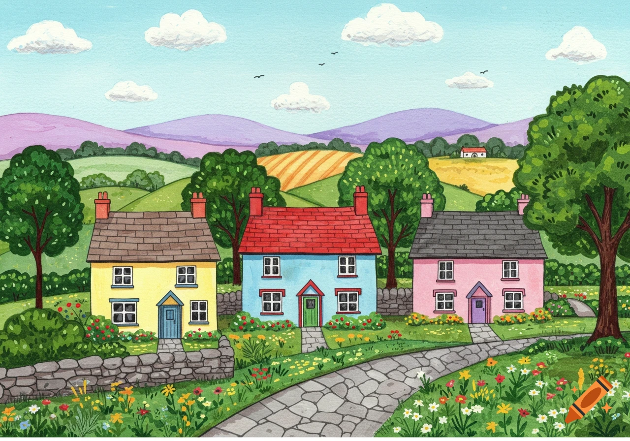 A whimsical watercolor painting of a row of colorful cottages in a Welsh village with green hills, trees, and a stone path.