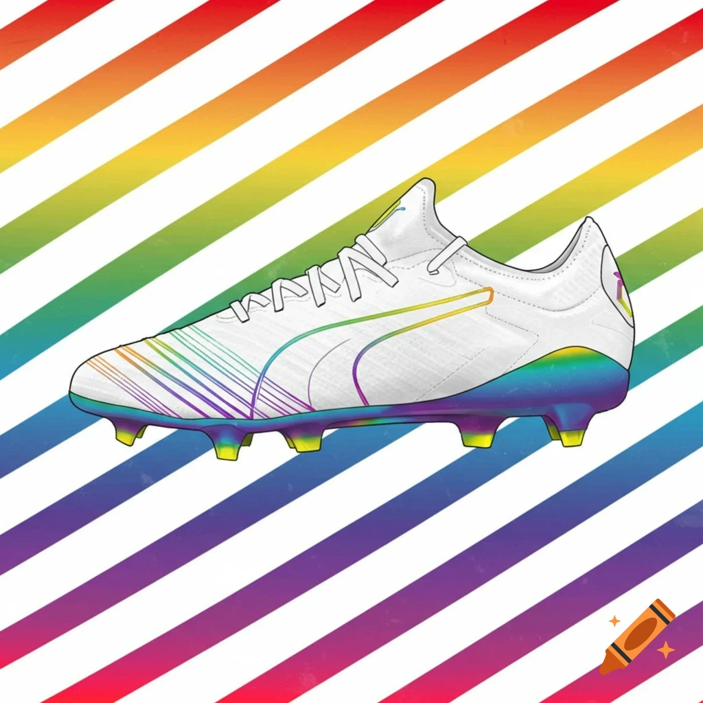 White soccer cleat with rainbow accents on a diagonal rainbow striped background, in an illustrative style.