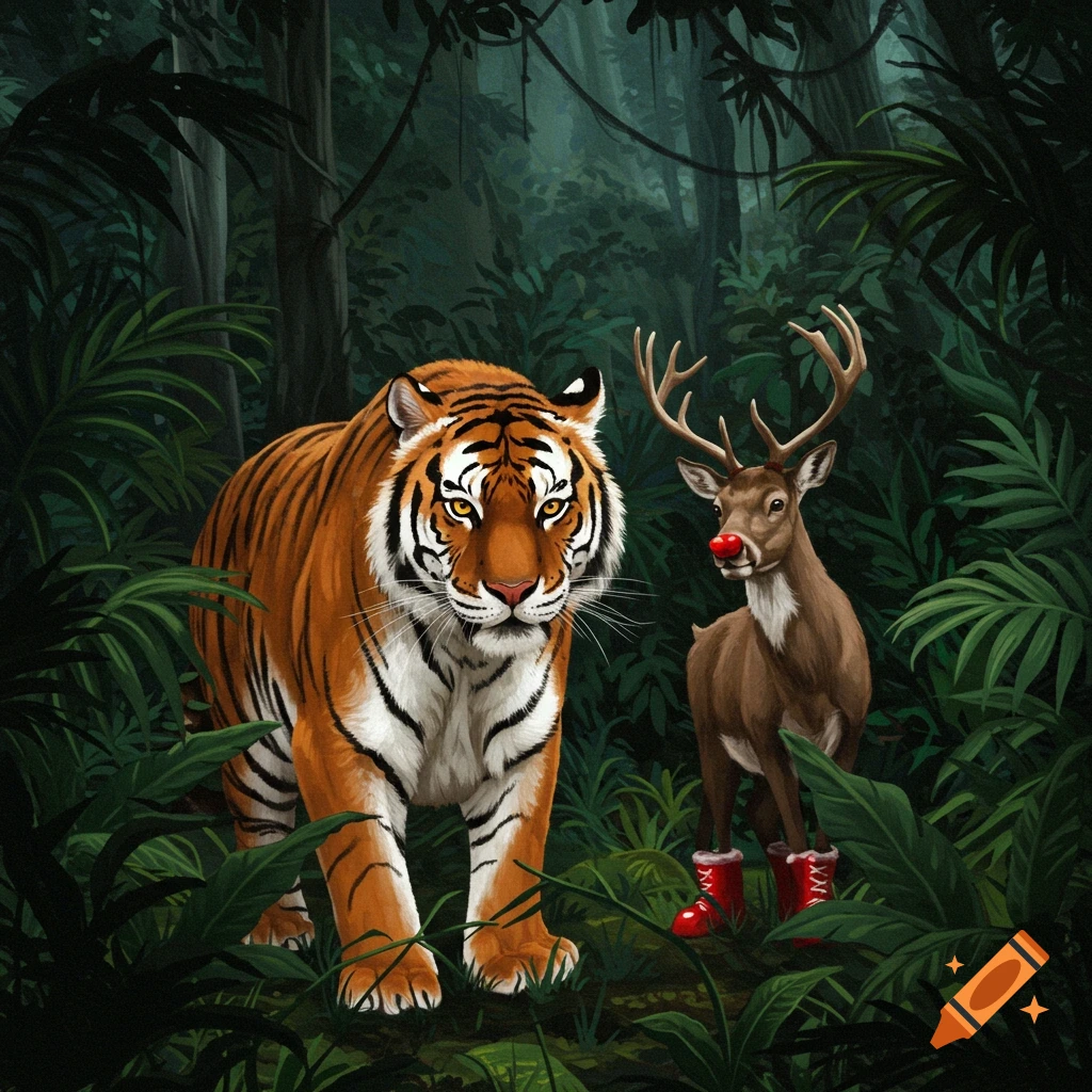 Tiger In Reeds A majestic tiger stands in a lush jungle, looking forward. Beside it, a ...