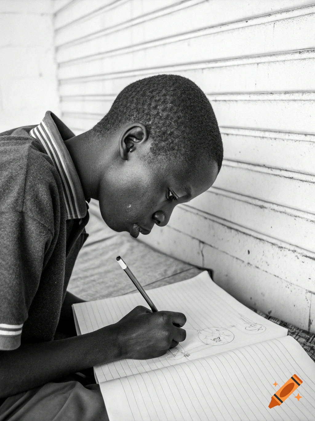 A monochrome photo of a young person, in profile, intently drawing or writing in a lined notebook with a pencil.