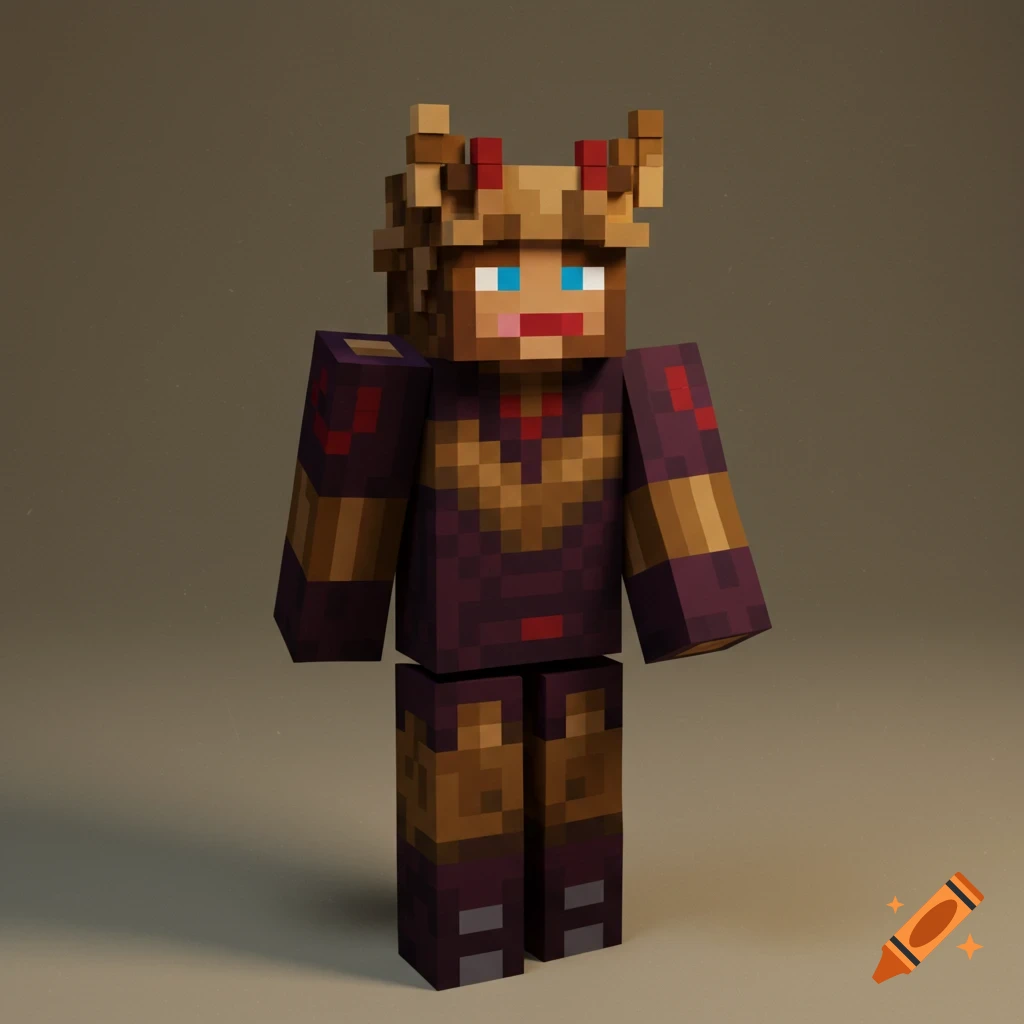 A blocky, pixelated Minecraft character wearing a purple and gold outfit with a crown-like headpiece stands against a plain background.