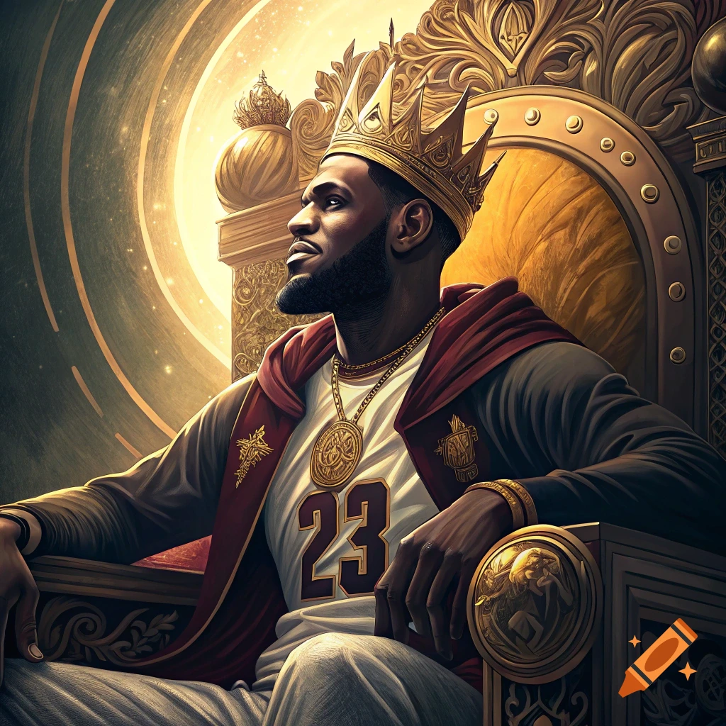 LeBron James sits on a golden, ornate throne, wearing a crown and a red jacket over a white jersey with '23', looking up, grand illustrative style.