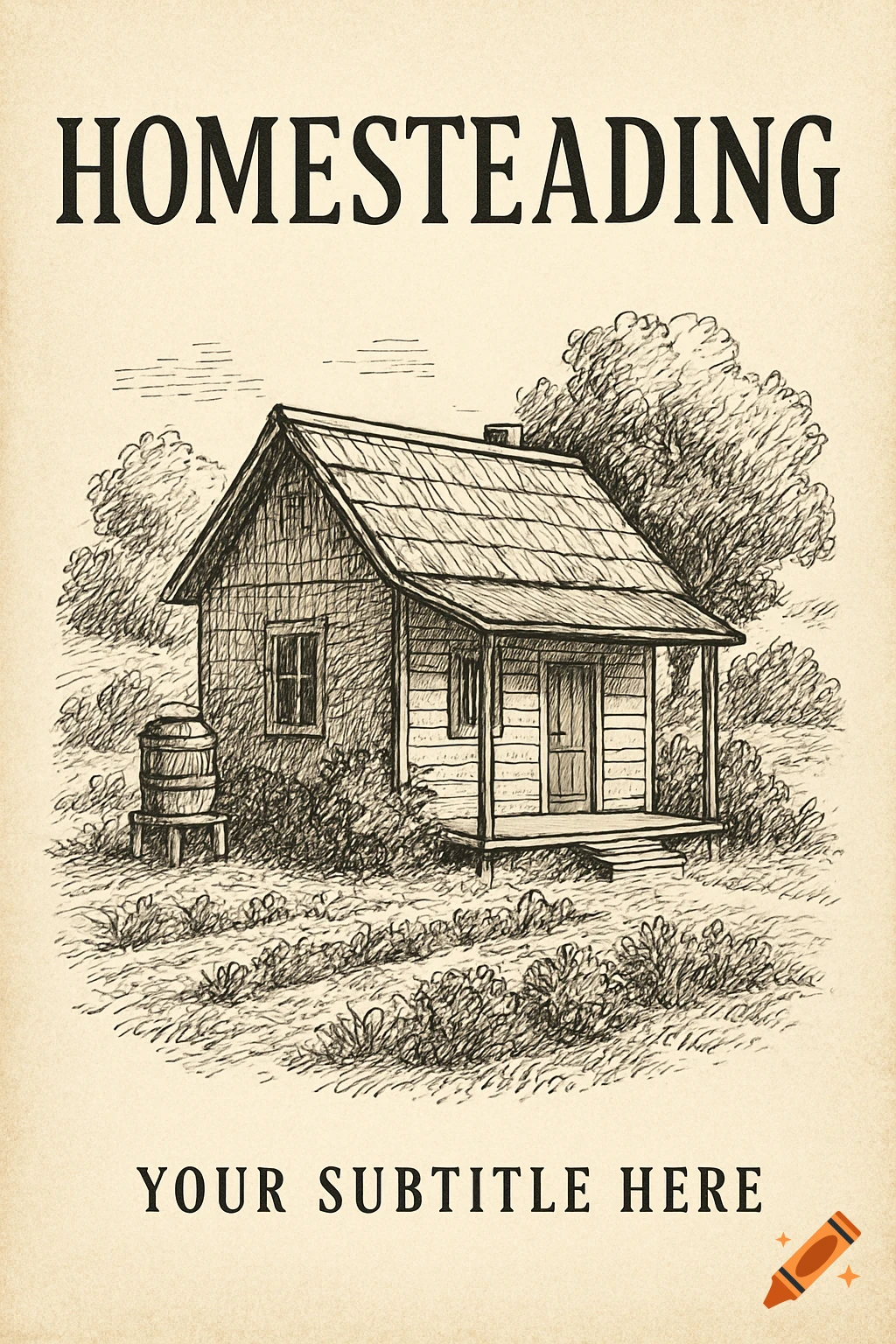 A vintage-style sketch illustration of a small rustic house on a book cover. The text 'HOMESTEADING' is at the top, and 'YOUR SUBTITLE HERE' is at the bottom.