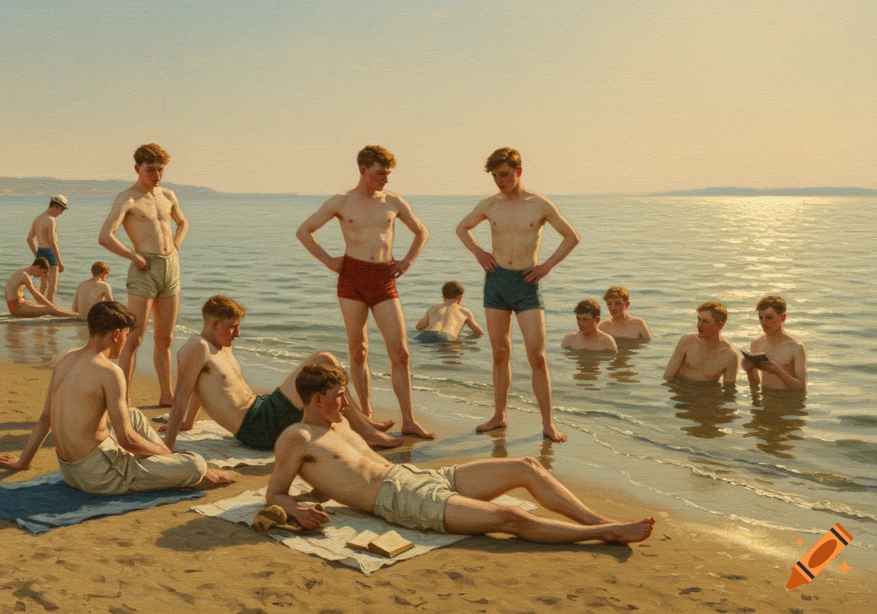 Young men in swim trunks lounge and stand on a sandy beach and in the calm ocean water, in a classical painting style.