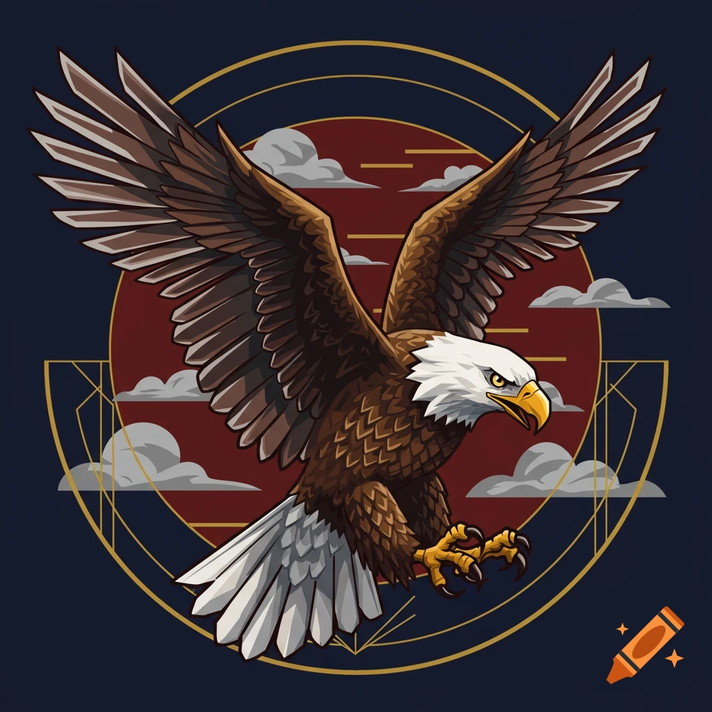A bald eagle with spread wings, claws extended, flying against a dark background with a red sun and golden art deco lines.