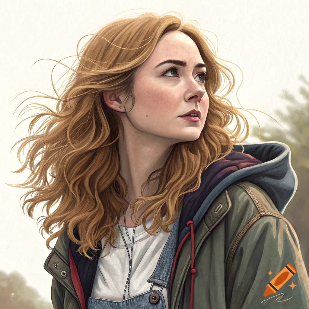 A realistic portrait of a young woman with long, wavy reddish-blonde hair and light eyes, wearing a hooded jacket and denim overalls, looking upward and to the right.