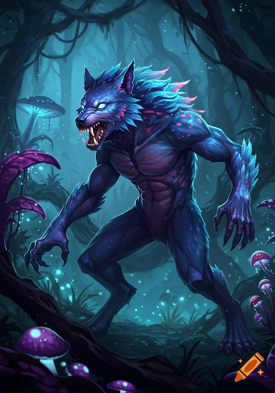 An alien wolf-like monster with glowing blue eyes and sharp teeth stands in a bioluminescent forest.