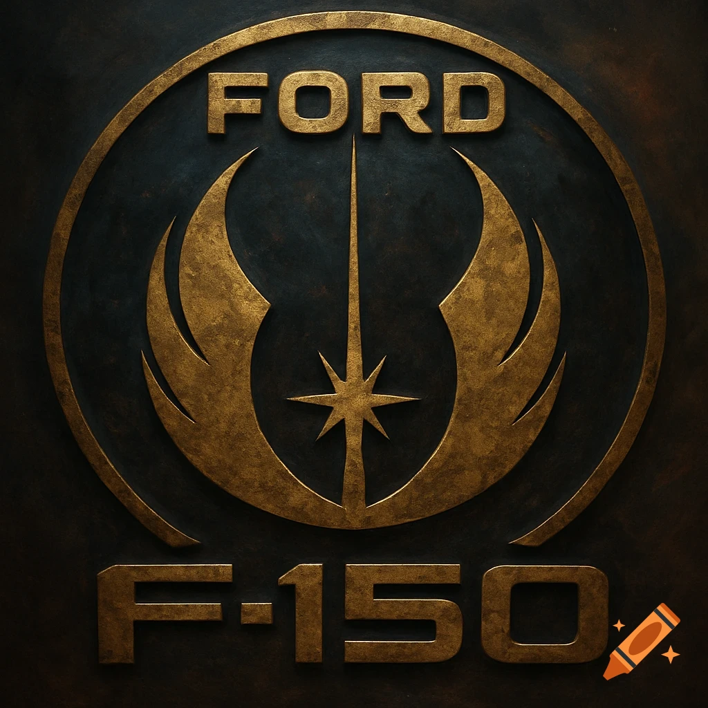 A metallic gold logo featuring the word "FORD" above a Star Wars Jedi Order symbol, with "F-150" below, set against a dark, textured background.