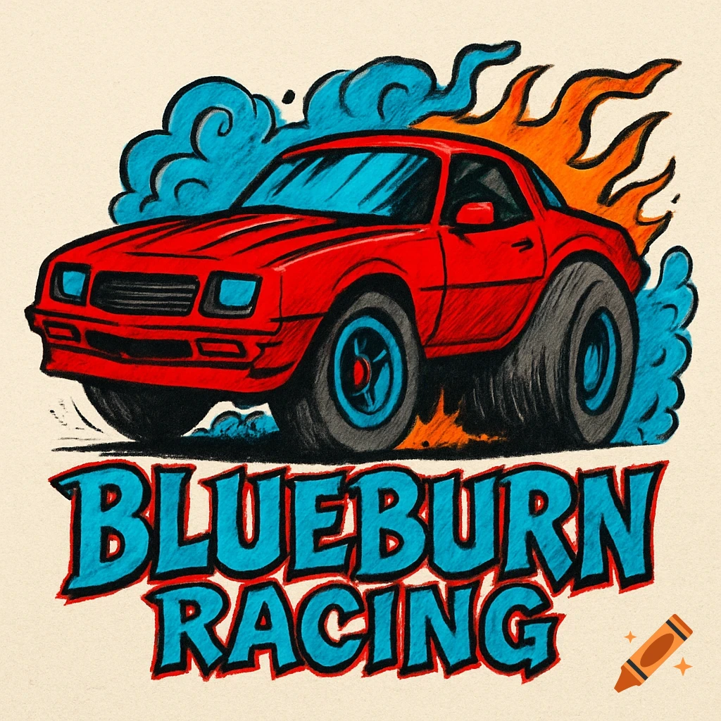 Cartoon illustration of a red hot rod car with big rear wheels, blue smoke, flames, and 'BLUEBURN RACING' text below.