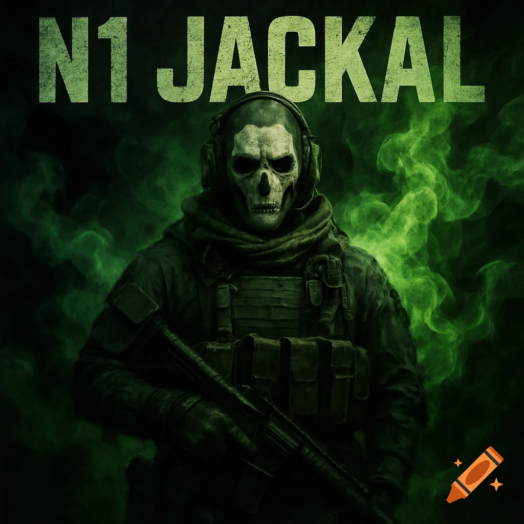 A skull-masked soldier wearing tactical gear and headphones holds a rifle, standing against a swirling green smoke background with "N1 JACKAL" text above.