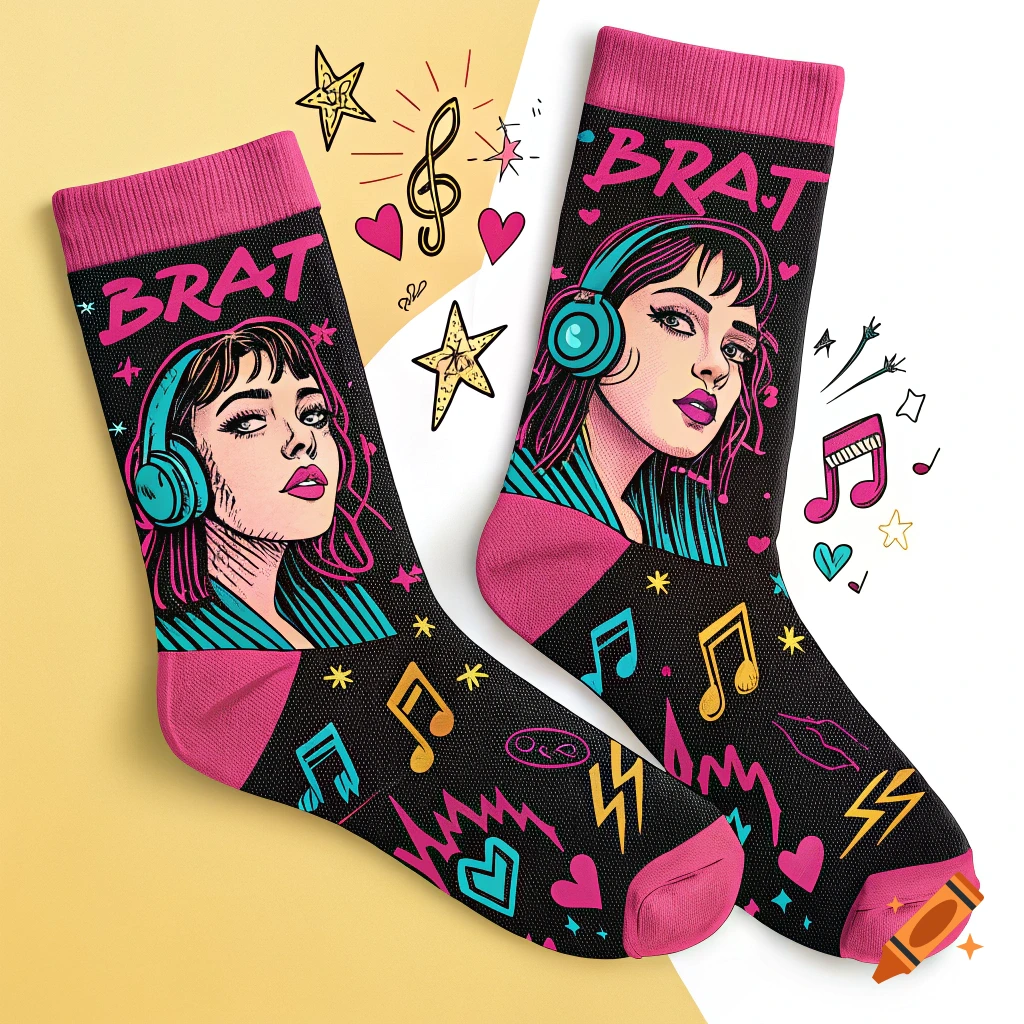 A pair of black socks with pink cuffs and heels, featuring a stylized woman wearing headphones and the word 'BRAT' in pink, surrounded by music notes and stars.