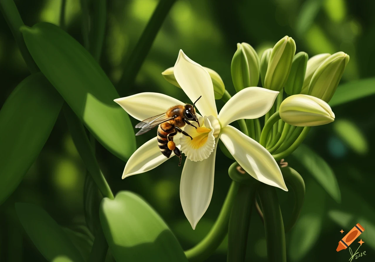 A detailed illustration of a bee with a pollen sac on a creamy white vanilla flower, surrounded by green leaves.