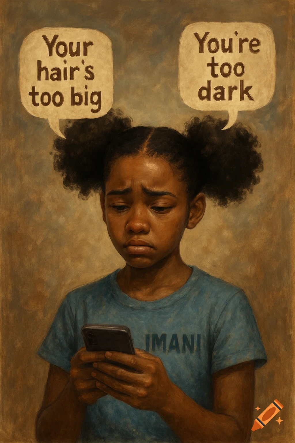 A sad young Black girl looks at her phone, thought bubbles above her head read 'Your hair's too big' and 'You're too dark' in a painterly style.