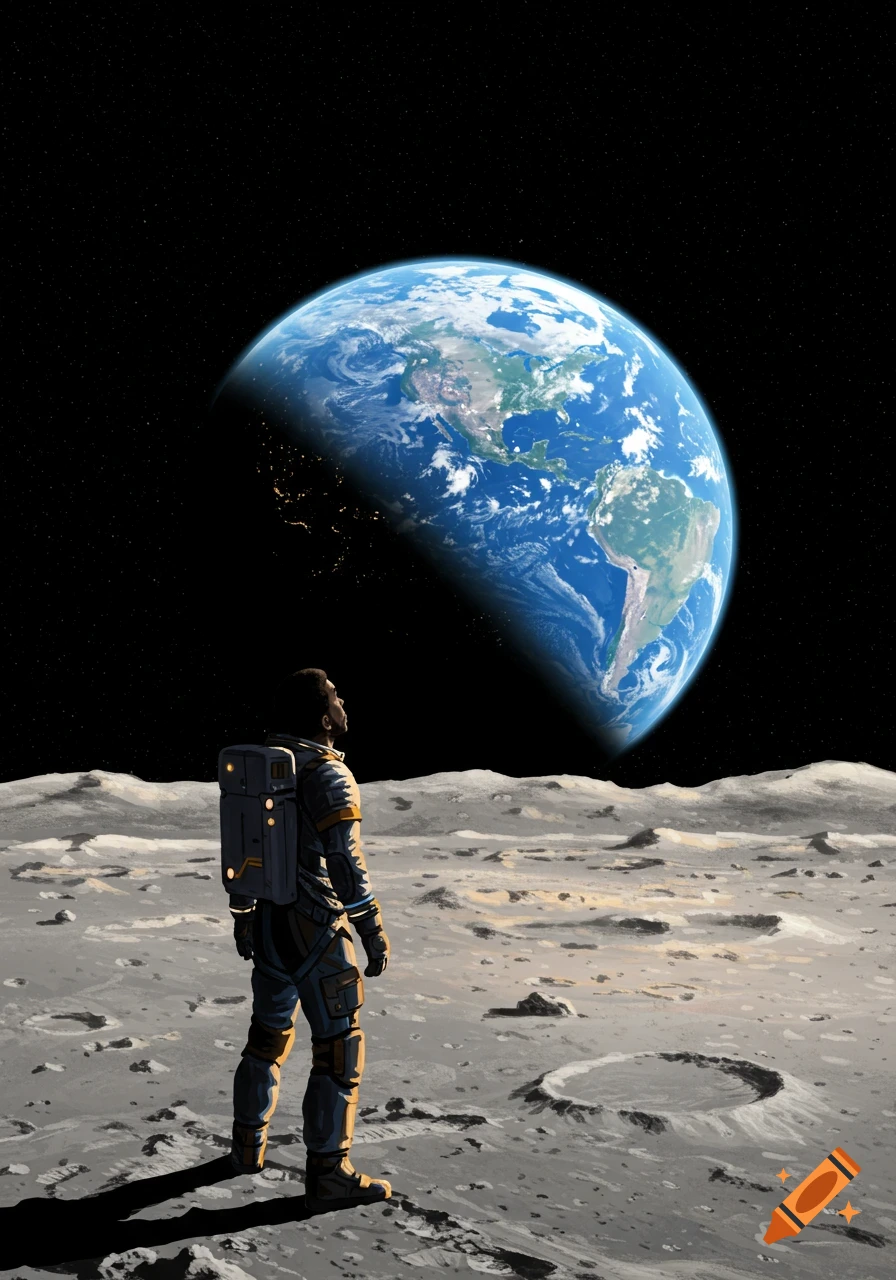 An astronaut on the moon's surface looks up at a large, vibrant Earth in the dark sky, with craters visible on the moon.