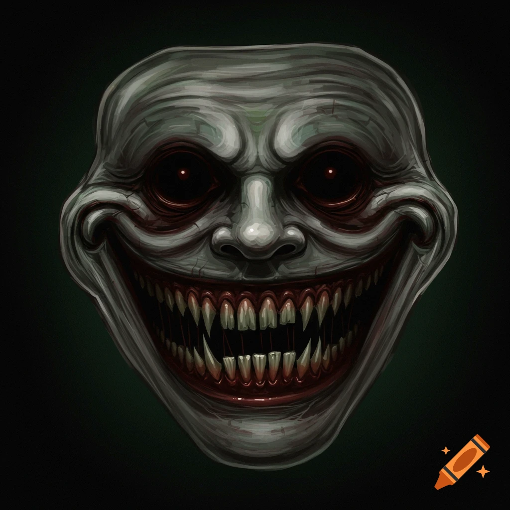 A grotesque, gray troll-like face with glowing red eyes and a wide, sinister grin revealing many sharp, jagged teeth.