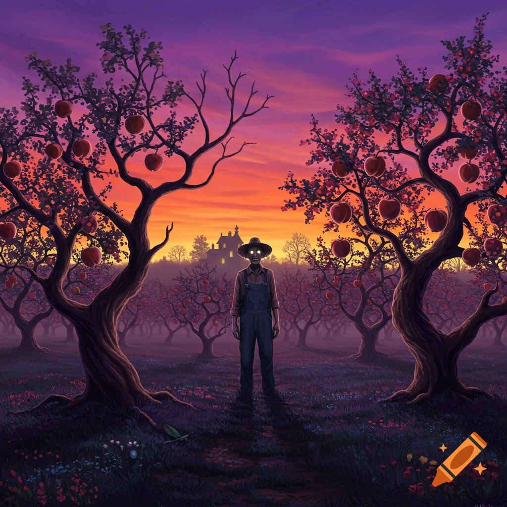 A mysterious figure with glowing eyes stands in a dark apple orchard at sunset, with a silhouetted house in the background.