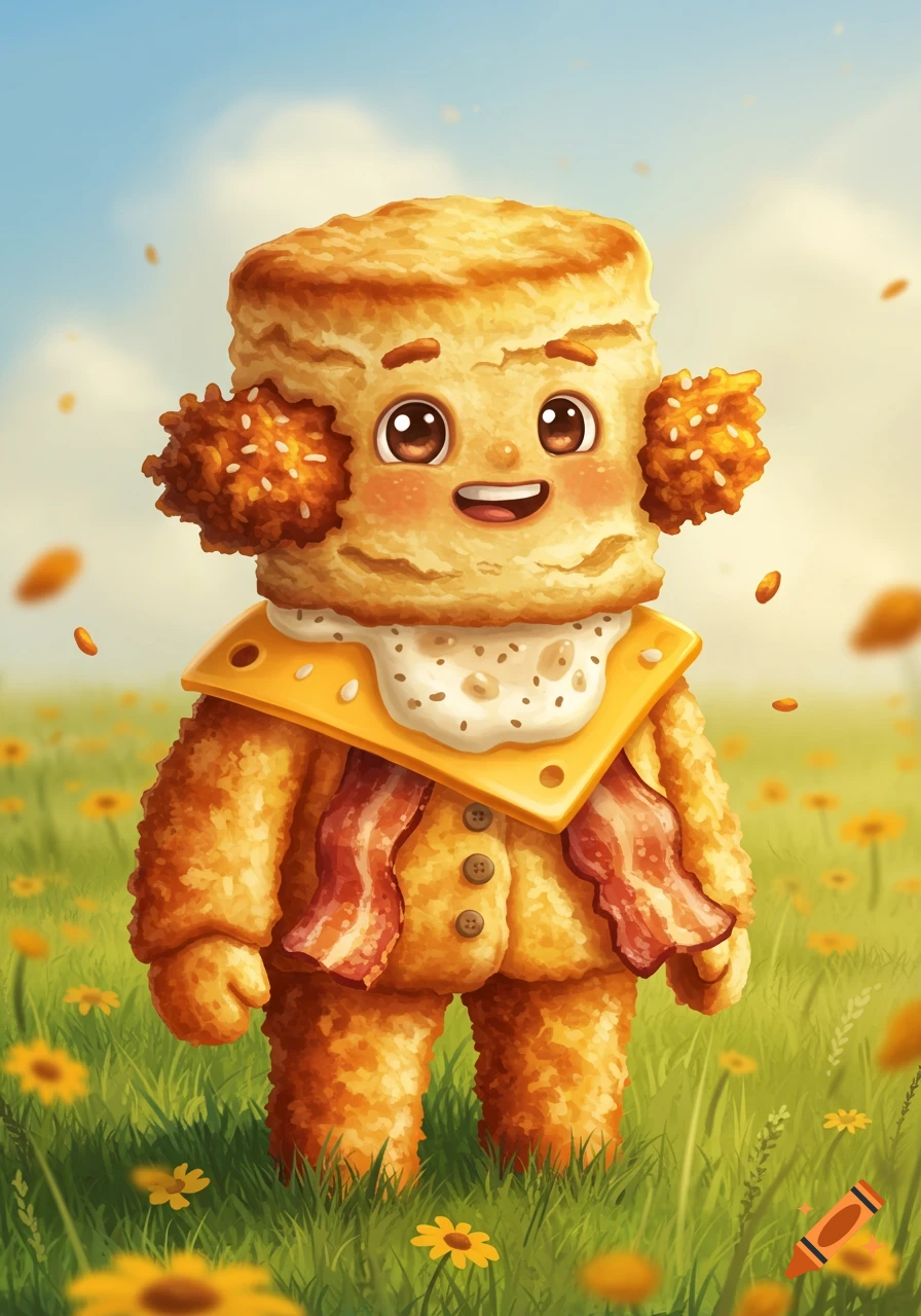 A cute cartoon character made from a biscuit with fried chicken ears, cheese, and bacon, standing in a field of yellow flowers.