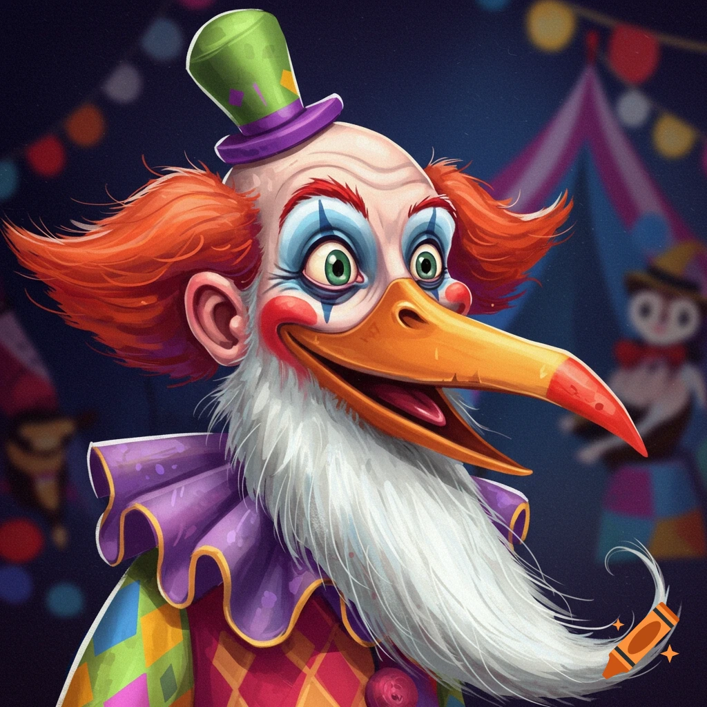 A colorful, cartoonish image of a clown with a long white beard, a green top hat, and a large orange bird beak.