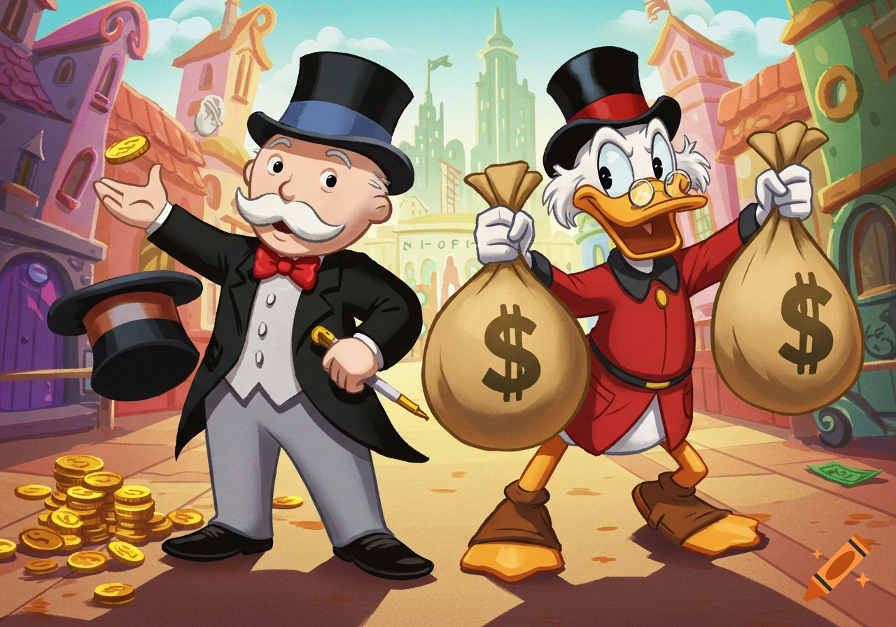 Mr. Monopoly with money and Scrooge McDuck holding money bags in a cartoon style.