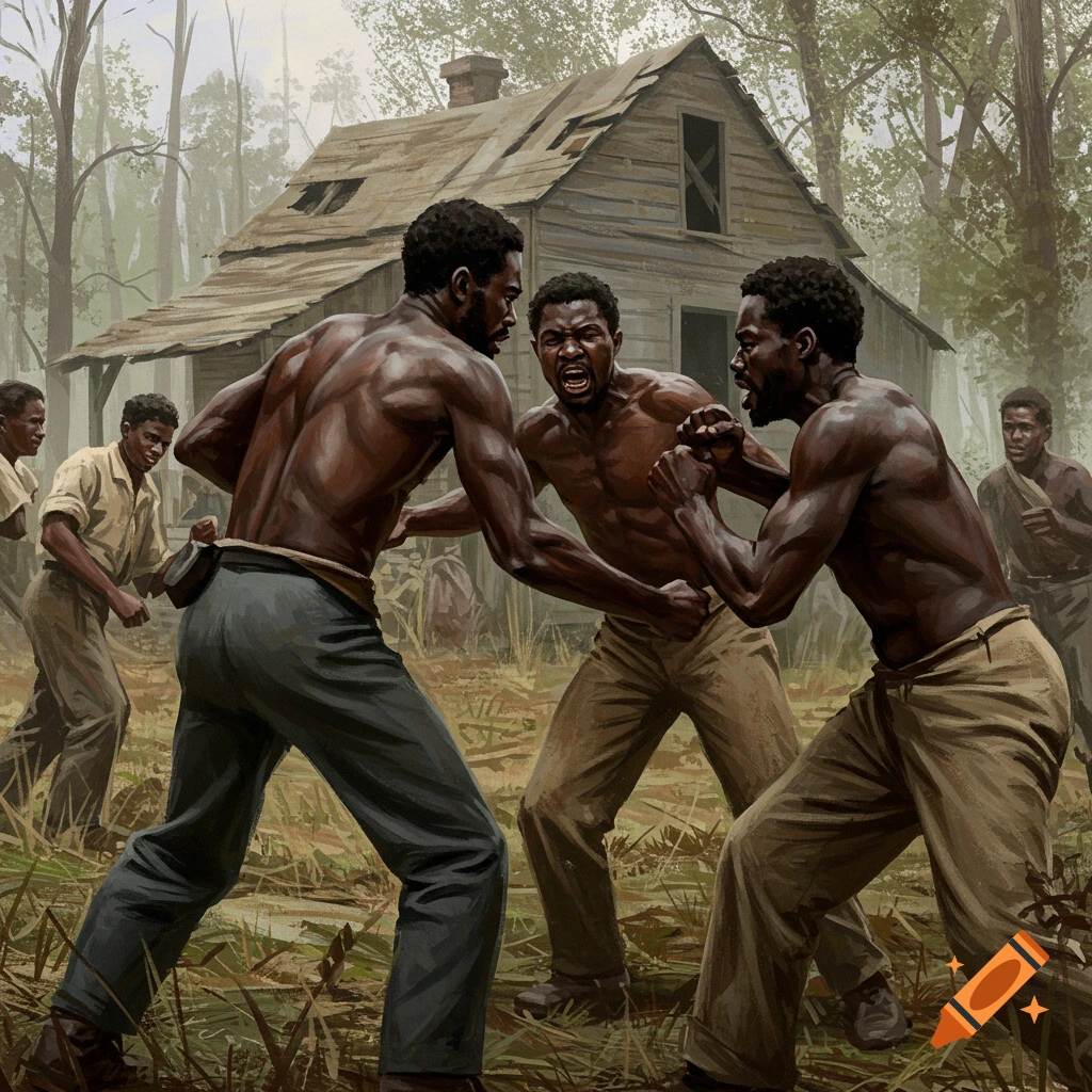 Three men fighting in front of a dilapidated wooden cabin in a swampy forest, with other men observing.