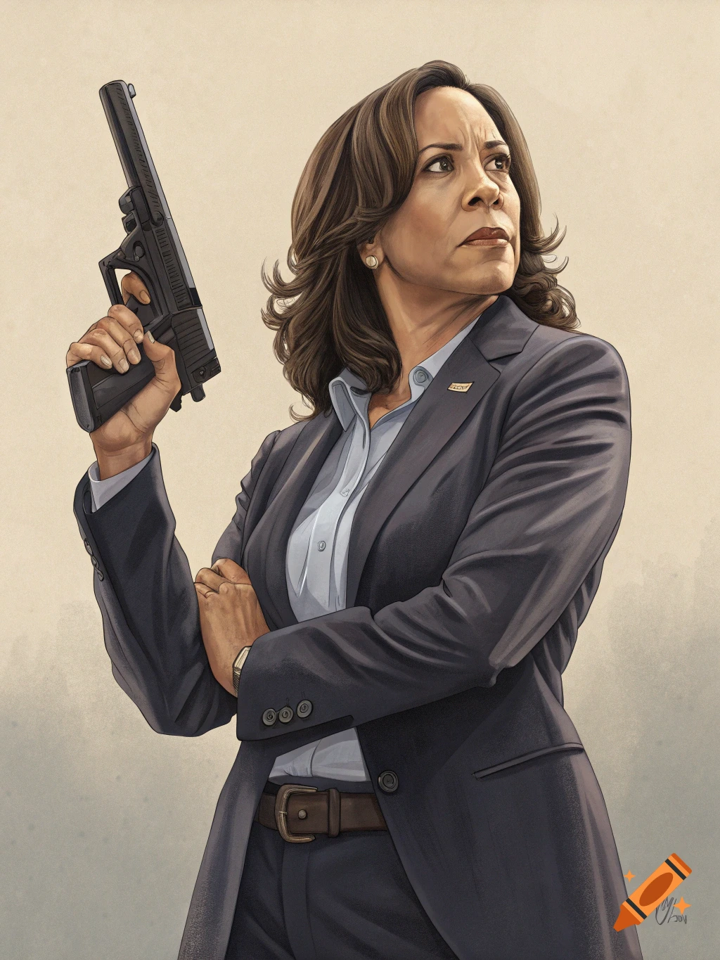An illustration of Kamala Harris in a suit, looking focused while holding a handgun.