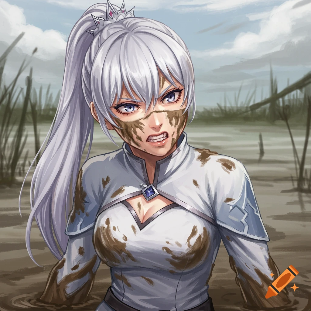 Anime character Weiss Schnee with white hair and a crown, covered in mud in a swamp, looking angry.