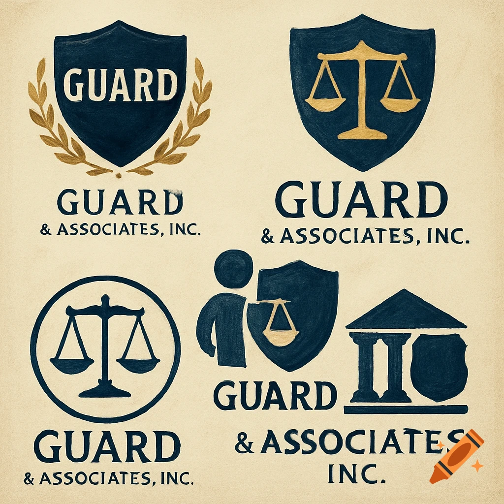 Five different logo designs for 'Guard & Associates, Inc.' featuring shields, scales of justice, and a courthouse, in a dark blue and gold rustic style.
