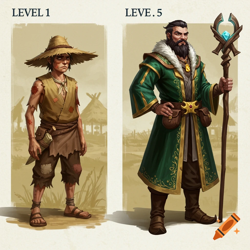 Two fantasy character concept art illustrations: a poor villager at Level 1 and a powerful wizard at Level 5, side-by-side.