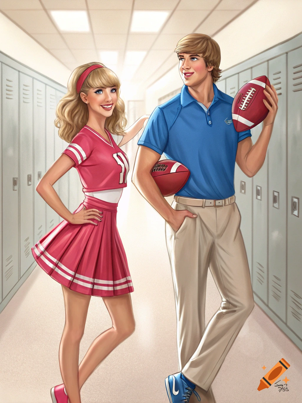 A smiling young woman in a pink cheerleading outfit stands next to a young man in a blue polo shirt holding two footballs, in a school hallway with lockers. The style is cartoonish and illustrative.