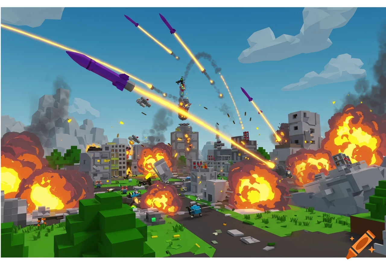 A blocky 3D video game cityscape under missile attack with multiple explosions and purple rockets flying.