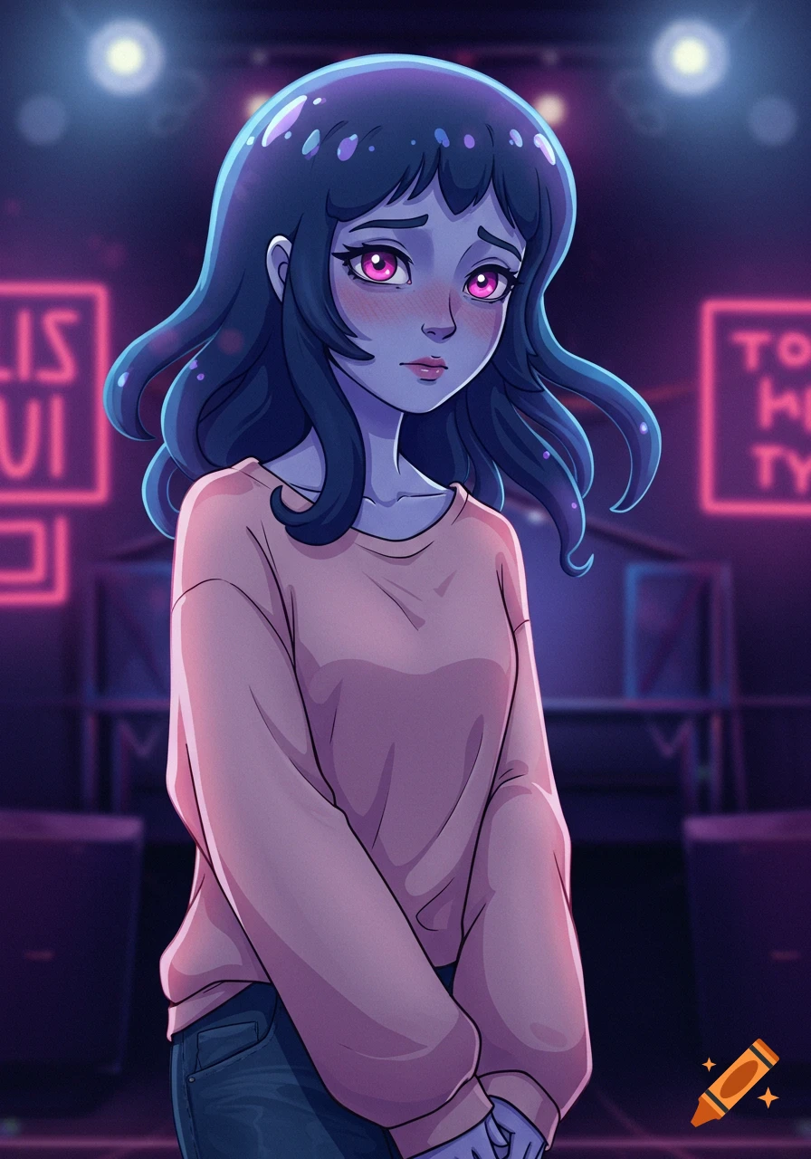 A sad-looking, blue-skinned girl with dark blue wavy hair and pink eyes wears a peach sweater and jeans, standing in a dark concert venue with neon signs.