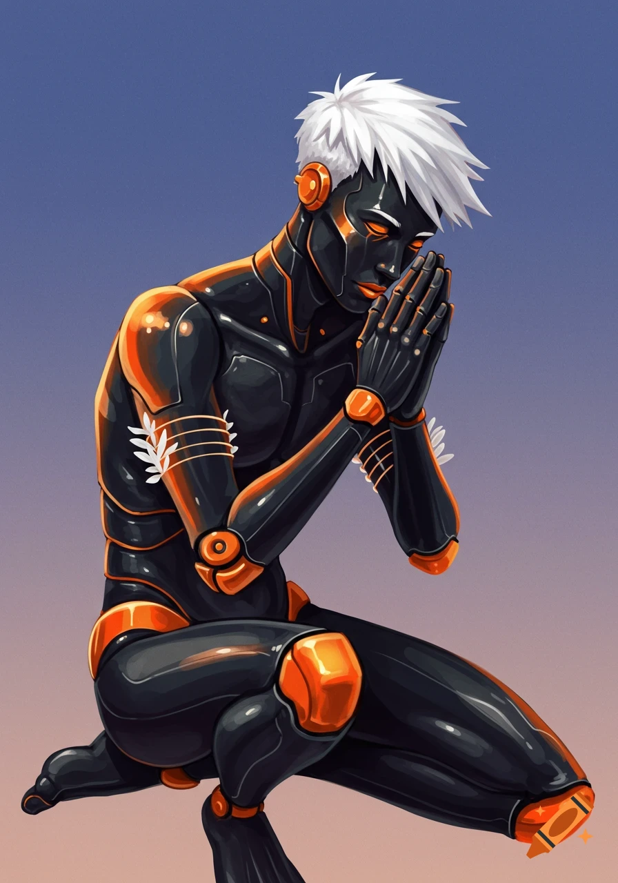 A stylized illustration of a black and orange synthetic humanoid with white hair, kneeling in a prayer pose.